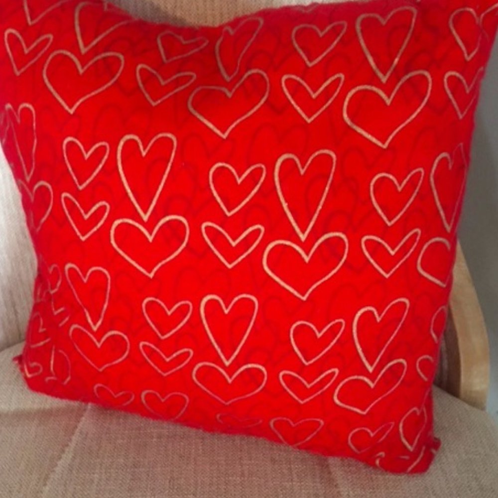 Red Accent Pillow with Gold Hearts